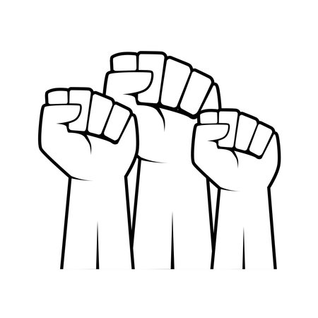 An illustration with three fists raised up. Hand outline. Isolated on white.のイラスト素材