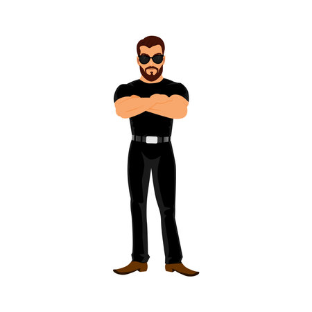 Bodyguard wearing black clothes and glasses, Guardian Isolated vector Drawing. Police Officer, Watchman, Agentのイラスト素材