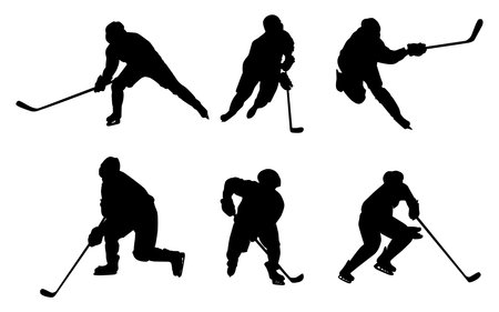Vector graphics of black silhouettes of hockey players and goalkeeper on a white backgroundのイラスト素材