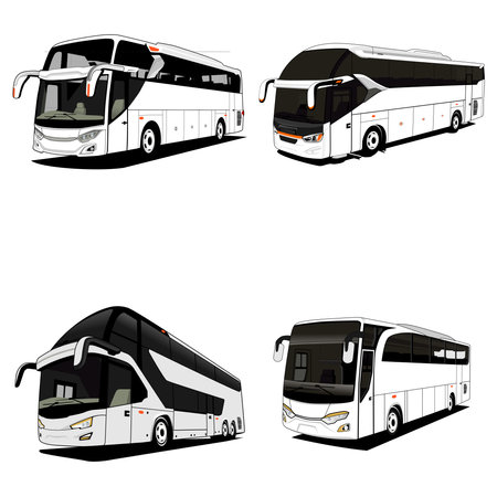 Inter city bus transportation in Indonesia with different models. Vector illustration.のイラスト素材