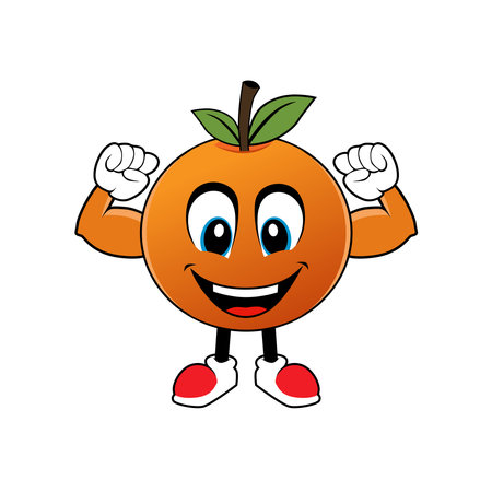 Smiling Orange Fruit Cartoon Mascot with Muscle Arms .Illustration for sticker icon mascot and logoのイラスト素材