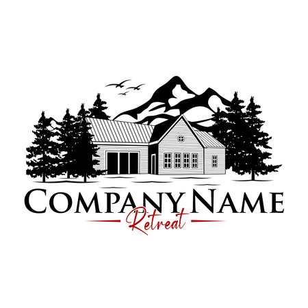 Retreat logo design. Green ecology nature atmosphere, wooden house, mountain, and pine treeのイラスト素材