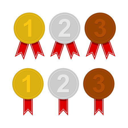 Set of Medal with red ribbon award badges in flat styleのイラスト素材