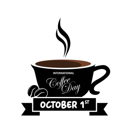 International Coffee Day quote. Hand drawn vector logotype with lettering typography and cup of coffee on white backgroundのイラスト素材