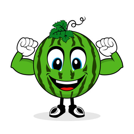 Smiling Face Watermelon Mascot with Muscle Armsのイラスト素材