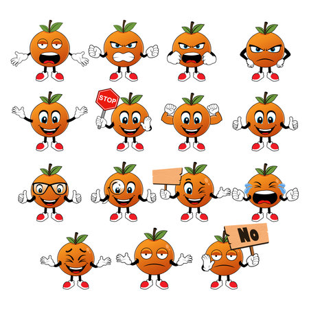 Orange mascot with different emotions set in cartoon style vectorのイラスト素材