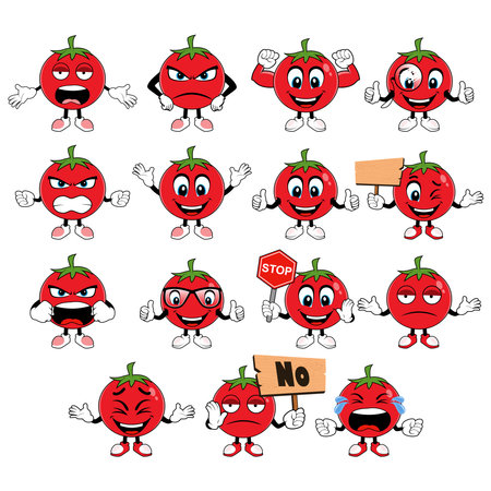 Tomato mascot with different emotions set in cartoon style vectorのイラスト素材