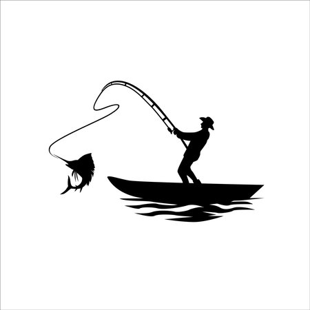 Silhouette of a fisherman on a kayak boatのイラスト素材