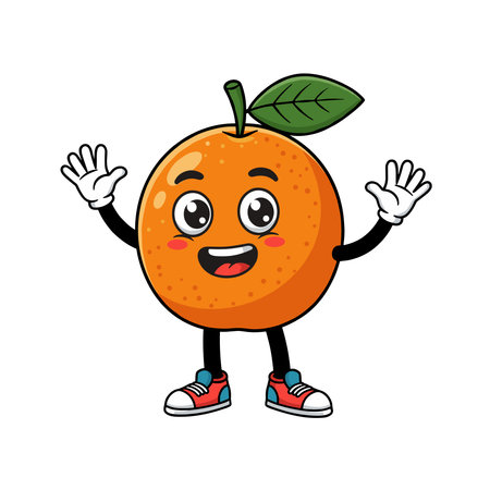 A flat vector cartoon orange fruit character with big eyes, white gloves, and sneakers, waving happilyのイラスト素材