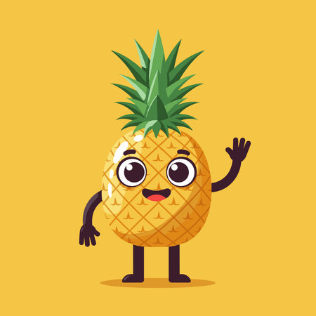 Cute and funny pineapple character. Cute happy cartoon pineapple character vector imageのイラスト素材
