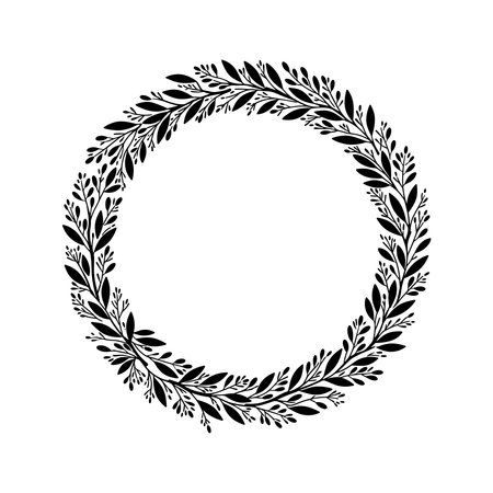 Delicate circle made of small leaves and twigs, simple black botanical frame on white backgroundのイラスト素材