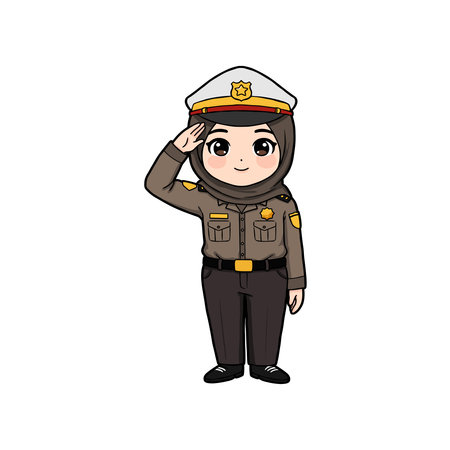 A cute cartoon style Indonesian female police officer wearing hijam under the cap, she has a friendly smile and large eyesのイラスト素材
