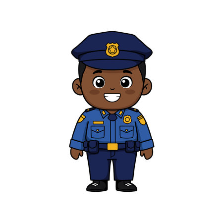 Happy cute little kid boy wearing police uniform. Cartoon young officer policeman standingのイラスト素材