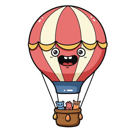 Cartoon of hot air balloon isolated on white background. Vector illustration of colorful fantasy aerostats with baskets flying high in sky. Magic fairy tale transport. Adventure design element&#xA;のイラスト素材