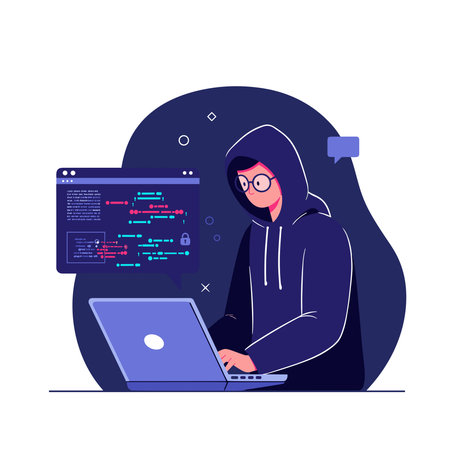 Flat illustration of hacker bypassing security measures ransomware prevention and cybersecurity defenseのイラスト素材