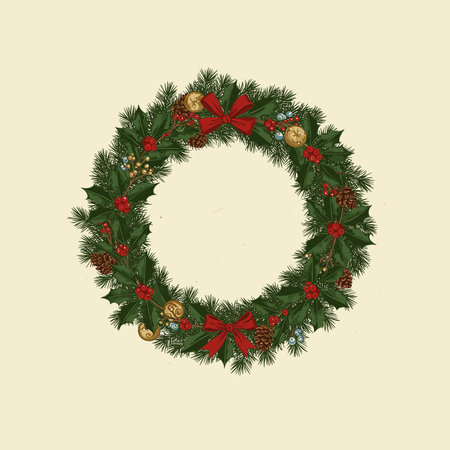 Nostalgic round holly garland illustration in traditional Christmas colors. Festive evergreen border with vintage holiday foliage and berries, ideal for seasonal winter imageryのイラスト素材