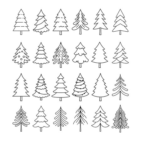 Christmas Trees Lineart Silhouette bundle, Trees Lineart Silhouette Set on white backgroundのイラスト素材