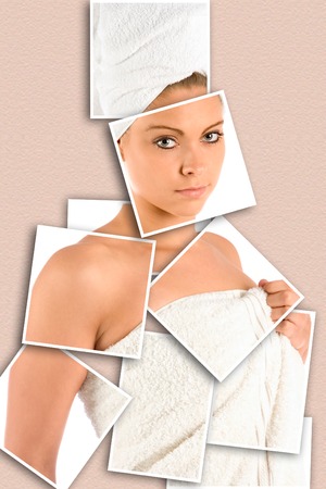 Collage - Beautiful Girl wrapped in white bath towelの写真素材