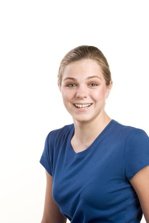 Friendly smiling teenager blond in t-shirtの写真素材