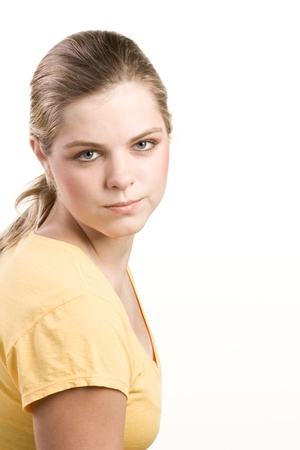Friendly smiling teenager blond in t-shirtの写真素材
