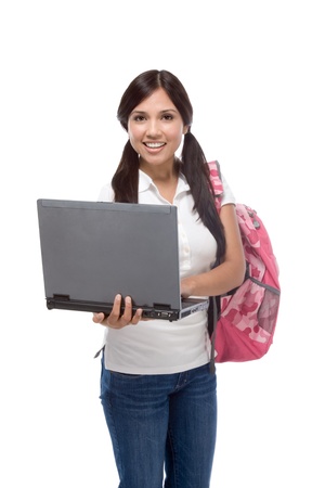education series - Friendly ethnic Latina woman high school student with portable computerの写真素材