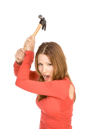 Middle aged Woman hits by hammerの写真素材