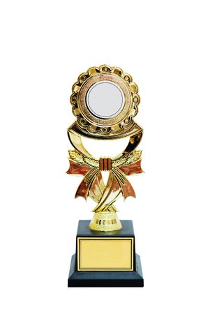 Gold trophy isolated with clipping path. Customizable logo and plaque area.の写真素材
