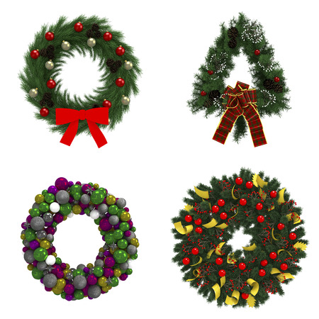 Christmas wreath collection set on white background with decorations illustrationの写真素材