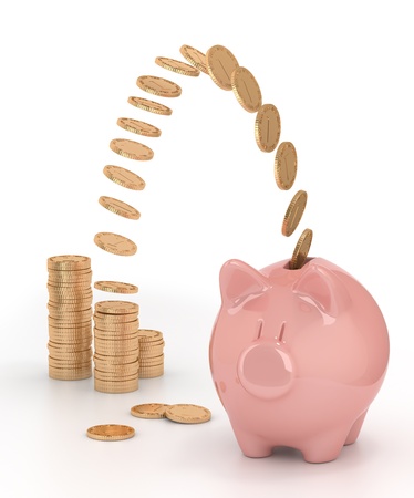 Save coins in a piggy bank. Save coins in a piggy bank.