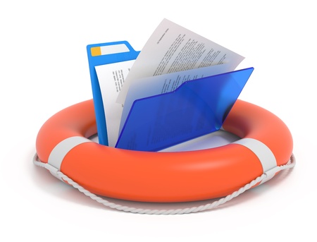  Files rescue. Blue folder in a lifebuoy isolated on white.の写真素材