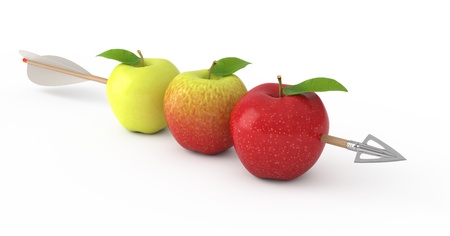 An arrow piercing three apples. 3d rendered illustration.の写真素材
