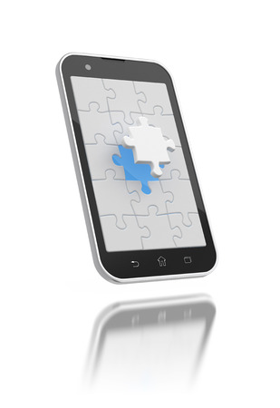 Jigsaw puzzles on the smartphone screen 3d illustration.の写真素材