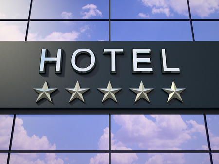 The hotel sign with a five stars on the modern building.の写真素材
