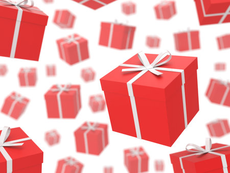 A lot of gift boxes on white. Gifts rain. Illustration with DOF effect.
