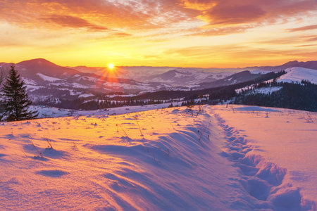 Majestic sunrise dawn in the winter hills mountains landscape.の写真素材