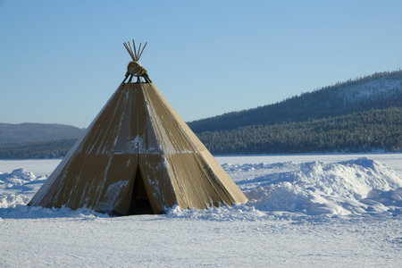 Winter polar landscape with eskimo tent in the Sweden.の写真素材