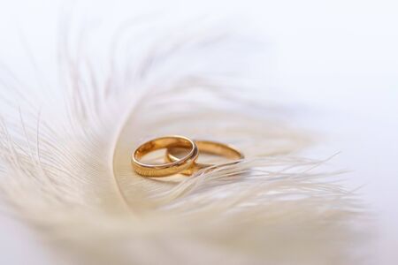 Wedding delicate background with rings and feather on the white background. Tenderness, tender love concept.の写真素材