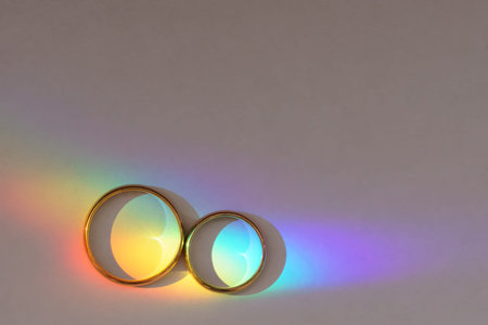 Background with two wedding rings with rainbow light.