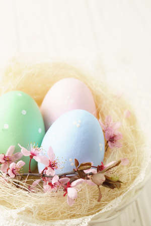 Easter background. White Easter egg in a nest basket on a white background. Shallow focus. Space for text.の写真素材