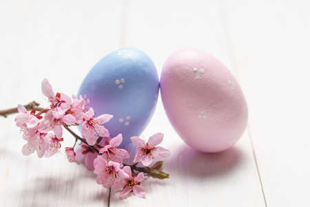 Easter eggs with cherry blossom on white wooden table. Shallow focus.の写真素材