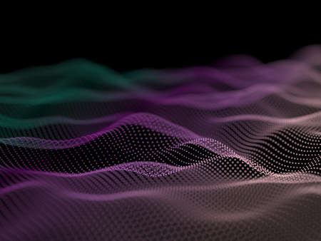 Abstract space with a luminous particles on dark background. The structure of the particles form, mesh surface. The science, microcosm or space background. Wallpaper. 3d render with shallow focus.の写真素材