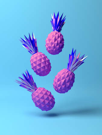 3D-illustration of flying pineapples in vibrant bold gradient holographic colors.の写真素材