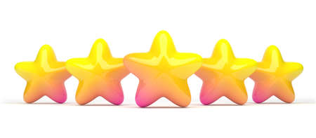 Little cartoon five stars isolated on white. Five stars 3d rendered. Gradient colored.の写真素材