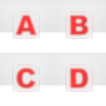 A, B, C, D letters through matte glass. Uppercase art font 3d rendered.