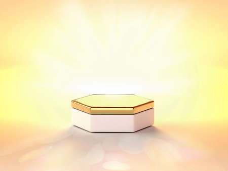 Golden podium or pedestal for product stand, blank on gold background. Advertising presentation concept template illustration. 3D rendering.の写真素材