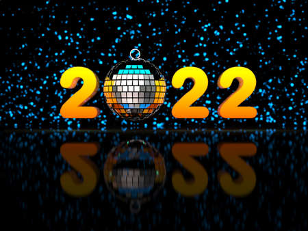 2022 roman numerals and disco ball with New Year numerals and bokeh on dark background.の写真素材