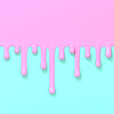 Pink paint drips flow down blue wall. 3d rendered background of paint spill with copy space.の写真素材