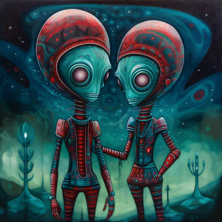 Fantasy alien couple. Hand drawn illustration of a couple of alien lovers.の素材