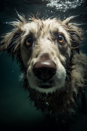 Portrait of a cute dog swimming underwater.の素材