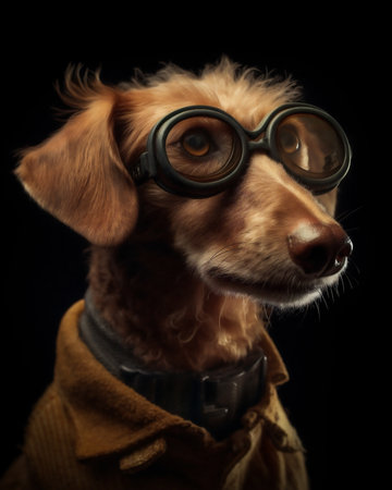 Dachshund dog in glasses and a jacket on a black backgroundの素材